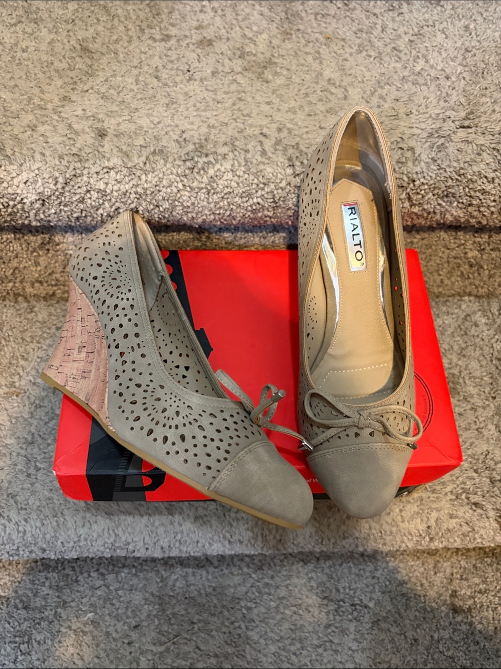 Rialto Taupe Perforated Lace-Up Cork Wedge Heels